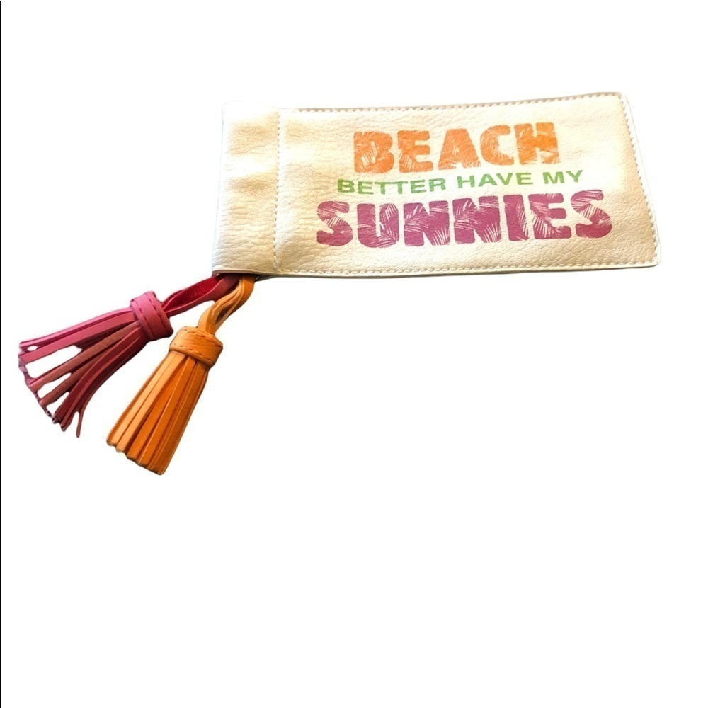 Beach Better Have My Sunnies Novelty Sunglass Faux Leather Case Tassels Cream